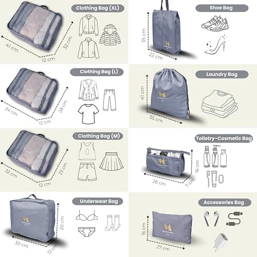 Murmush Grey Packing Cubes for Suitcases [8-Pcs + 2 Perfume Atomizers], Eco-Friendly Travel Organiser Bags with YKK Zips, Durable 300D Oxford Fabric, Suitcase & Backpack Packing Cube Set — view 2