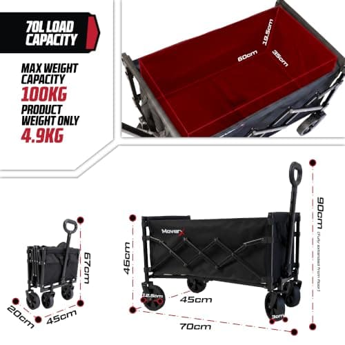 MoverX 70L Festival Trolley on Wheels, Folding Wagon, Portable Camping Cart, Collapsible Foldable Trolly for Beach Outdoor Garden Picnic Shopping Fishing, Adjustable Handle, Black — view 3