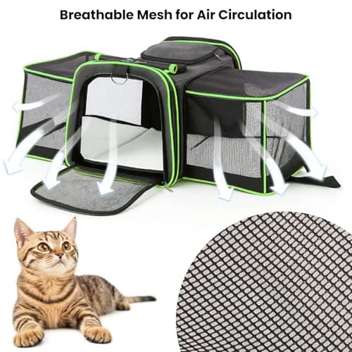 Soft Sided Portable Cat Carrier with Extendable Space & Fleece Bed Foldable Pet Carrier for Cats/Small Dog/Bunnies With Adjustable Shoulder Strap & Removable Mat (Green) — view 3