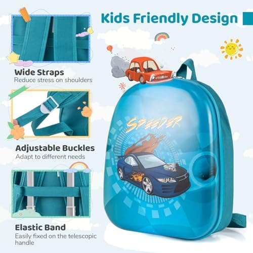 GYMAX 2Pcs Kids Luggage Set, 13" Backpack & 16" Children Hardshell Suitcase with Wheels & Telescopic Handle, Boys Girls Carry On Luggage Set for Travel School (Navy) — view 6