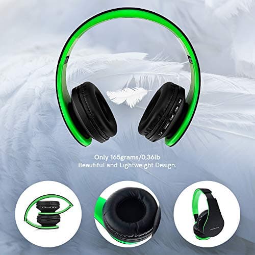 PowerLocus Wireless Bluetooth Over-Ear Stereo Foldable Headphones, Wired Headsets Noise Cancelling with Built-in Microphone for iPhone, Samsung, LG, iPad (Black/Green) — view 5