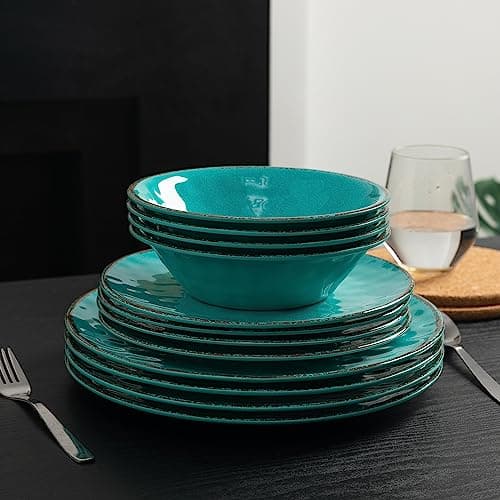 LEHAHA Rustic Melamine Dinnerware Sets, 12-piece Dishes Plastic Dinnerware Set for 4, Break-resistant Plates and Bowls Set, Outdoor Casual & Party Use Kitchen Dishes Set, Teal… — view 4
