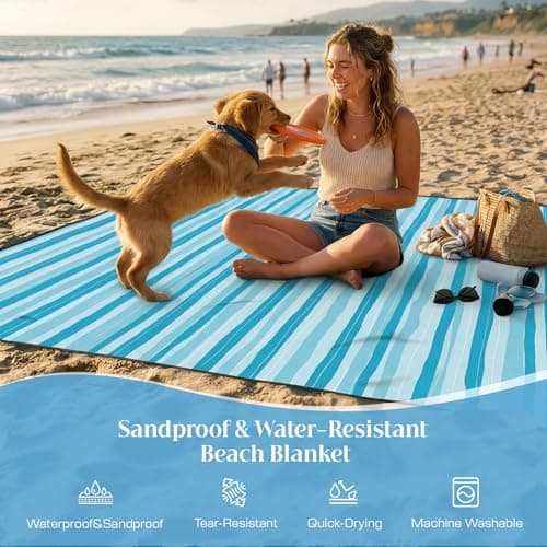 Beach Blanket Sandproof Waterproof, 213 x 213 cm Large Beach Mat with Stakes & Travel Bag, Lightweight,Quick-Dry, Portable Picnic Mat Beach Essentials for Outdoors,Cruise,Picnic & Camping, Ocean Wave — view 2