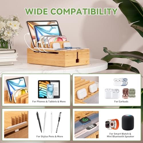 Pezin & Hulin Bamboo Charging Station for Multiple Devices, USB Charger Dock Organizer, with Power Supply (10 Ports HUB), 6 Cables, Cable Management Organizer for Cell Phones, Tablets -Natural Color — view 3