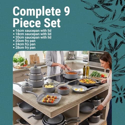 Gr8 Home 9 Piece Non Stick Pan Set with Glass Lids & Steam Vent | Induction Compatible Cookware Set with Handles | Grey Marble Effect Frying Pan, Saucepan & Grill Pan Kitchen Cookware Set — view 2