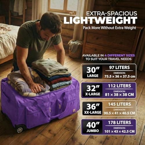 ATX Luggage 40" Jumbo Wheeled Duffle Bag Lightweight Rolling Wheels Suitcase Extra Durable Holdall for Sports Travel and Cargo | Purple — view 2