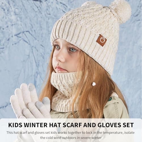 Lancry Winter Hat Scarf And Gloves Set Kids, Warm Thermal Girls Boys Hat Scarf Gloves Set Knitted Beanie Cap Snood Neck Warmer Touchscreen Mitten with Soft Fleece Lining For Kids Age 4-10 (Off-white) — view 5