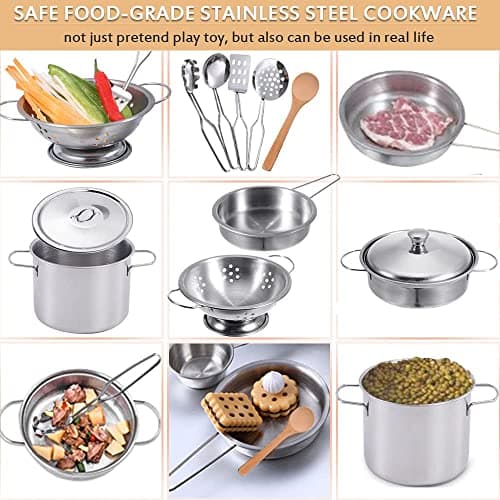 Stainless Steel Pretend Cooking Utensils Cookware Set,Mini Play Kitchen Accessories,Play Pots and Pans Toys Packed in a golden cloth bag for Kids Toddlers — view 2