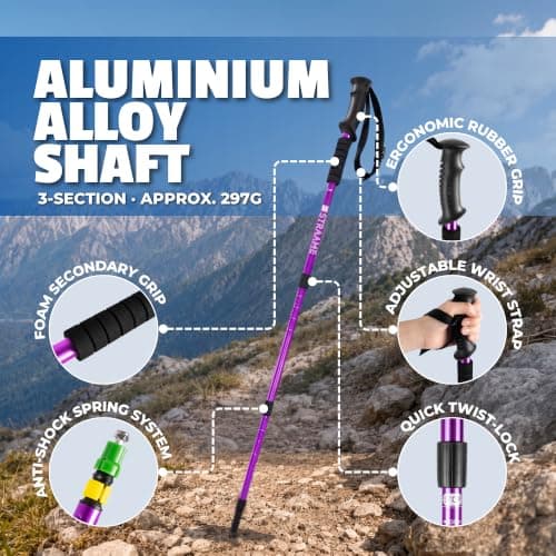 Straame Telescopic Walking Sticks 2 Pack, 65-130cm Trekking Poles (Purple) — view 3