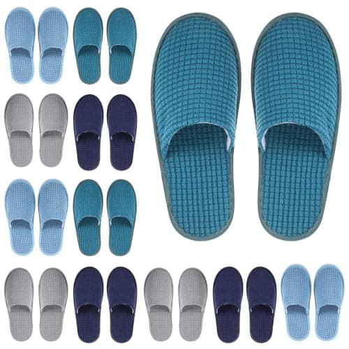 Geyoga 12 Pairs Slippers for Guests, Non-Slip Disposable Slippers for Travel, Washable, Reusable, Hotel Slippers, Bridesmaid Slippers for Indoor, Spa, Wedding, Party, Blue Series, Medium
