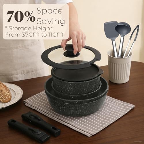 Nonstick Pots and Pans Set 17pcs, Induction Hob Pan Set, Kitchen Cookware Sets with Detachable Handle, RV Frying Pans, Saucepan Sets with Lids, Oven Safe — view 4