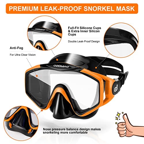 Snorkel Set for Adults, Anti-Fog Diving Mask with Dry Top Snorkel & Swim Fins, Wide View Scuba Flippers Snorkeling Gear for Men Women Youth Orange M — view 3