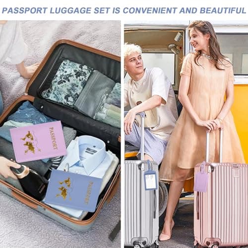 ZDNT 4 Pcs Passport Cover and Luggage Tag,Passport Holder,Passport Cover Luggage Tag Set,PU Leather Passport Holder Travel Wallet Case Organiser for Passport Credit Card Business ((Blue,Purple)) — view 6