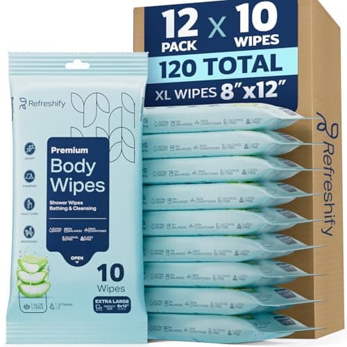 120 XL Shower Wipes – Body Wipes for Adults Bathing No Rinse – 12 Packs of 10 – Extra Moist Bath with Aloe & Vitamin E for Camping, Travel, Gym & Bedridden Care