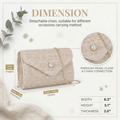 Ynport Crefreak Women‘s Straw Clutch Purse with Pearl, Lightweight Woven Envelope Bag for Beach Travel Holiday, Magnetic Closure Crossbody Handbag with Detachable Chain for Summer Evenings — view 6