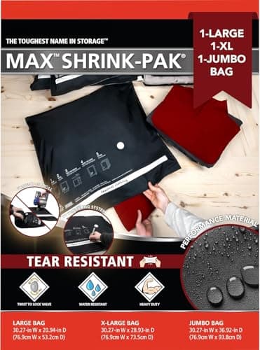 Hefty MAX Shrink-Pak Vacuum Storage Bags Combo Pack – Max Strength Tear-Proof Bags For Clothes, Pillows, Towels, Blankets & More – Space Saver Suction Sealer Bags for Home– 1 Large, 1 XL, 1 Jumbo