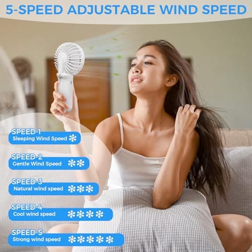 CNMTCCO Hand Held Fan,Portable Handheld Fan Rechargeable,Mini Hand Fan with 5 Speeds,With LED Display Foldable Desk Fan Electric USB Small Hand Held Fans for Travel Outdoor Office Home Bedroom (White) — view 3
