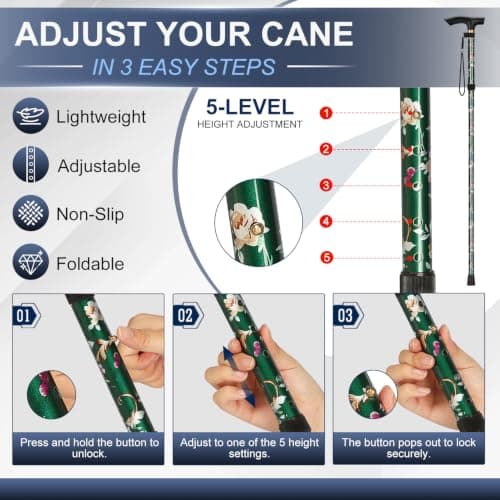 supregear Walking Stick - Adjustable Folding Walking Sticks for Women and Men - Lightweight Portable Collapsible Balancing Aid - Foldable Travel Cane for Ladies Elderly Adults, Green Floral — view 3