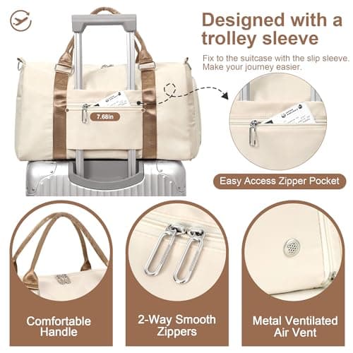 FIORETTO Womens Gym Sports Bag Travel Bag with Shoes Compartment & Wet Pocket, Weekend Overnight Duffle Hospital Bag Carry On Bag Holdall for Travel Swimming Beige & Brown — view 4