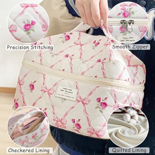 Aucuu 3PCS Coquette Makeup Bag, Quilted Makeup Bag for Women, Floral Cotton Cosmetic Bag Set, Large Capacity Aesthetic Floral Toiletry Bag, Travel Toiletry Bag, Wash Organizer Pouch for Women Girls — view 4