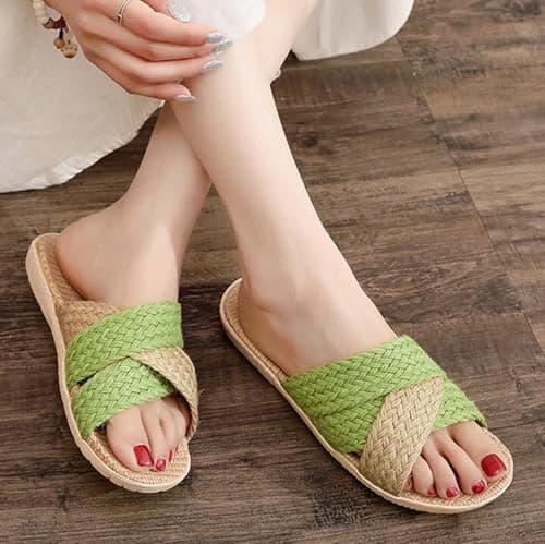 Women'S Linen Woven Sliders, Summer Wide Fit Open Toe Slippers Flats Slip-Resistant Flax Slides Sandals Slip On House Bamboo Shoes Lightweight Classic Indoor Footwear Casual Comfort Sandal For Shower — view 6
