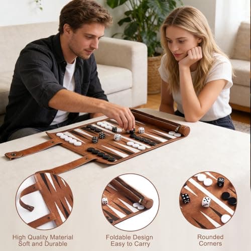 Pengrity Travel Backgammon Set, Portable Backgammon Board Game, Roll Up backgammon Travel Set Leather, Tactical Board Game Ideas for Kids Adults Family Party — view 5