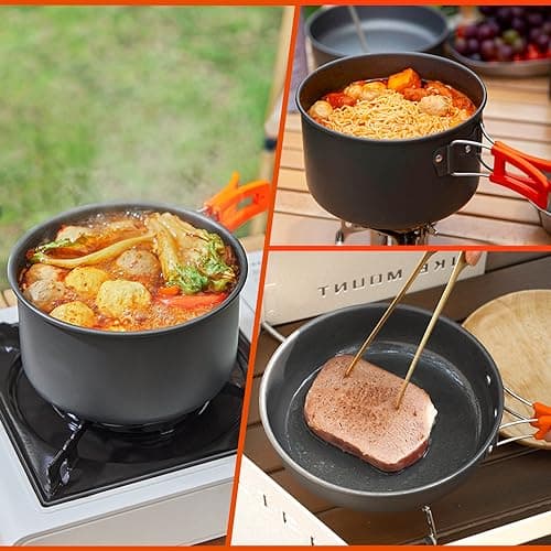 Gutsdoor Camping Cookware Set Camping Cooking Set Non Stick Family Backpacking Cooking Set Lightweight Stackable Pot Pan Bowls with Storage Bag for Outdoor Hiking (16pcs (Orange)) — view 5