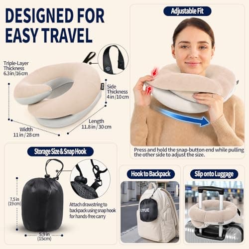 BUYUE Travel Neck Pillows for Airplanes, 360° Head Support Sleep for Long Flight, Skin-Friendly & Breathable, Kit with 3D Contoured Eye Mask, Earplugs and Storage Bag (Large, Beige, 90+ lbs) — view 5