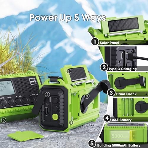 ROCAM Wind Up Solar Radio, DAB/FM Radio with 5000mAh Rechargeable Power Bank, Solar Panel/USB/Hand Crank Charger, Battery Radio Portable, SOS Alarm & Flashlight for Camping Hiking Emergencies (Green) — view 3