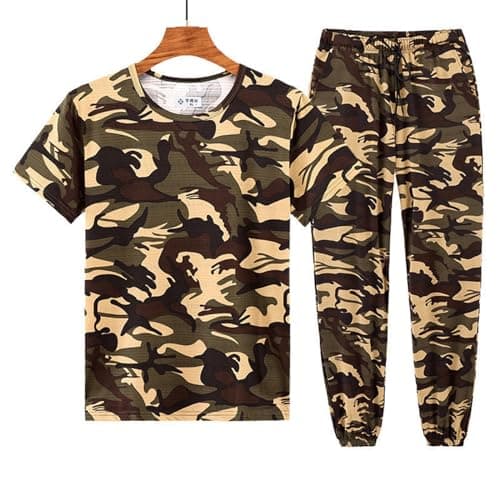 2026 Men's Camo T-Shirt Sport Fitness Short Sleeve Crew Neck Shirt Cargo Trousers Outdoor Hiking Drawstring Pocket Athletic Jogging Bottoms Set, yellow, XL — view 3