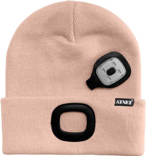 ATNKE Kids LED Lighted Beanie Cap, USB Rechargeable 4 LED Headlamp Waterproof Winter Warmer Knit Night Hats with Light for Boys Girls/Skin Pink — view 3