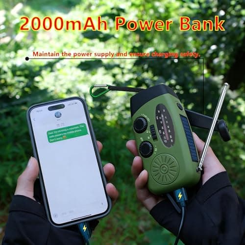 2000mAh Wind Up Solar Radio, Emergency Portable Hand Crank Weather Radio, Rechargeable Power Bank, 2 mode LED torch with SOS Alarm LED Flashlight, USB Phone Charger, for emergencies, camping (green) — view 3