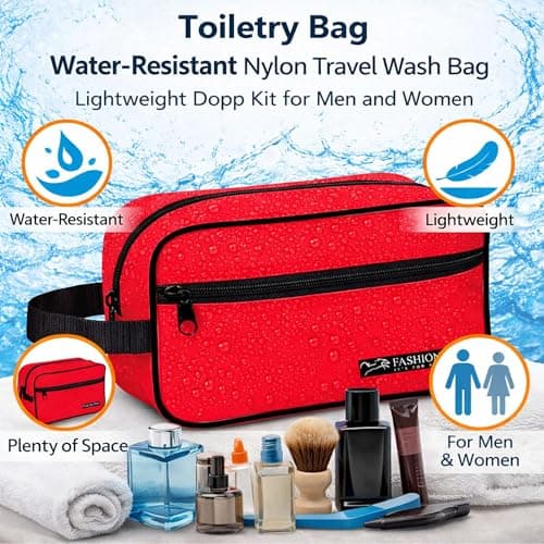 Water-Resistant Toiletry Bag for Men & Women - Lightweight Travel Wash Bag with Multiple Compartments, Compact Dopp Kit Cosmetic Organizer, Durable Nylon Shaving & Makeup Storage Case (Red) — view 2