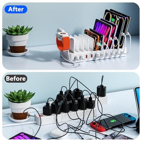 USB Charging Station 100W, 10 Port Multiport Phone Charger Station, Phone Charging Station With 10 Charging Cables and a Watch Holder, Desktop Charger for Smartphones, Tablets, and Other USB Devices — view 4
