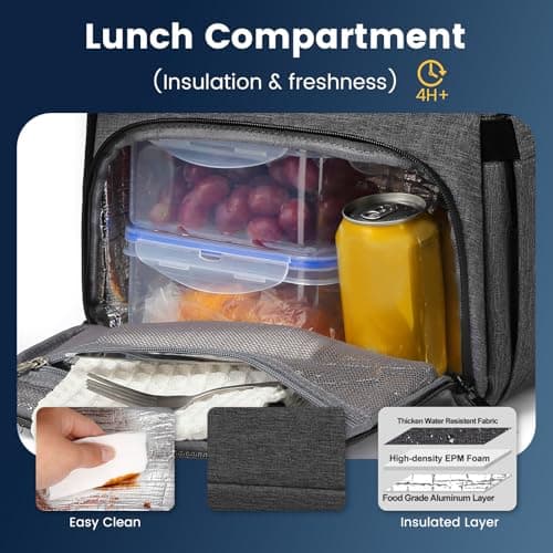 RUCYEN Lunch Backpack, Insulated Cooler Lunch Box for Men Women, 15.6 Inches RFID Blocking Laptop Backpack with USB Port Lunch Bag for Work Travel Black — view 4