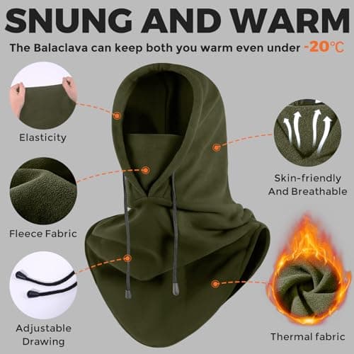 AURUZA Balaclava Winter Hat Thermal Face Mask Snood Hood Hat Neck Warmer, Windproof Ski Mask for Winter Outdoor Sports (Army Green, M) — view 3