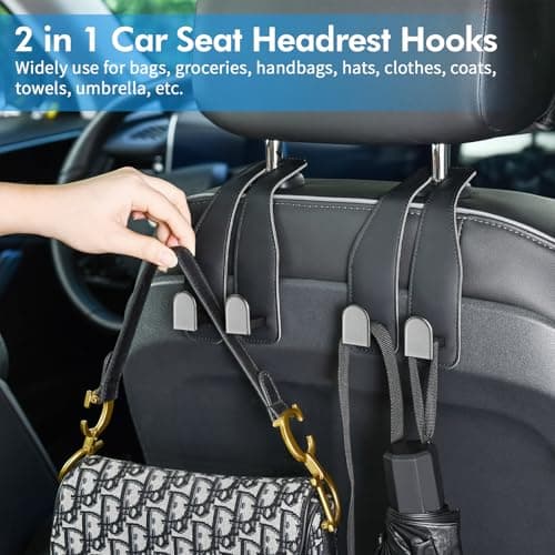 Car Hooks for Headrest, Leather Car Seat Back Storage Organizer Interior Accessories, More Wide & Deep Auto Seat Hook Hangers for Purse Umbrellas Handbag Clothes Coats Grocery Bags (Black-2 Pack) — view 2