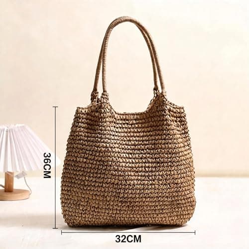 Beach Bags for Women Summer Travel Tote Shoulder Bag Straw Knitted Fashion Handbags (Red) — view 6