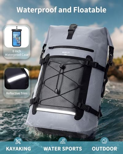 ECOHUB Waterproof Dry Bag Backpack, Roll Top Closure Heavy Duty Waterproof Backpack, Dry Bag Rucksack with IPX8 Water proof Phone Case for Hiking, Kayaking, Boating, Camping, Fishing, 30L-Grey — view 5