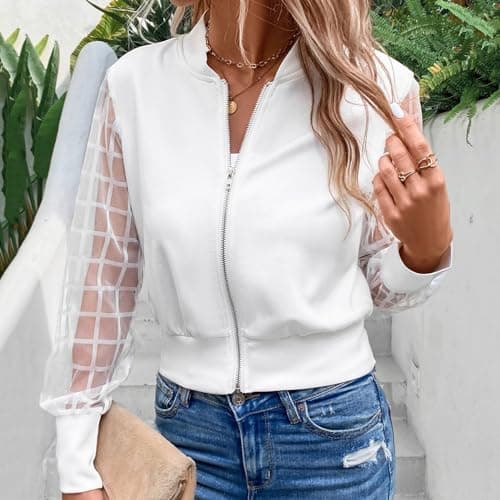 Beokeuioe Bomber Jacket with Mesh Lantern Sleeves Women's Casual Jacket Long Sleeve Lightweight Outwear Short Coat Zip Spring Summer Jacket Short Pilot Jacket Aviator Jacket, White, L — view 2