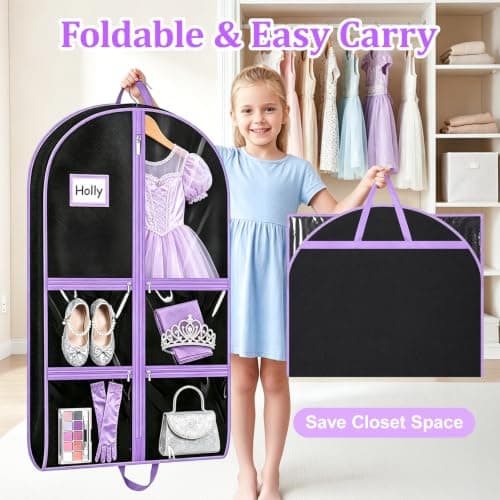 COEWUR Clothes Covers, 2Pack 40 inch Waterproof Hanging Costume Garment Bags with 4 Clear Zipper Pockets and Id Slot Pockets, Foldable Dance Costume Bag for Dancers Travel Competitions (Purple) — view 2