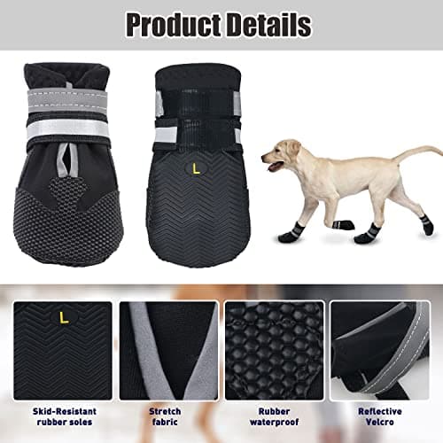 Dricar Dog Shoes, Set of 4 Dog Boots for Injured Paws, Waterproof Anti Slip Dogs Shoes for Walking, Paw Protectors with Reflective Straps for Small Medium Large Dogs (Black, L) — view 6