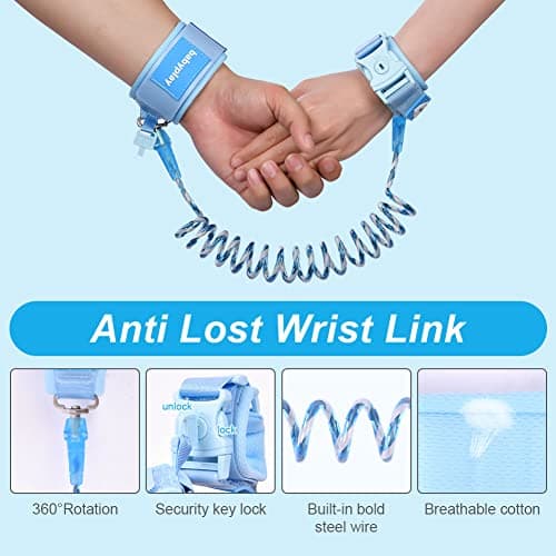 AOMIG Anti Lost Safety Wrist Link Belt, 1.5M Wrist Reins for Toddlers with Key Lock, Baby Reins Toddler Reins for Walking & Travel, Toddler Wrist Strap for Walking (Blue) — view 3