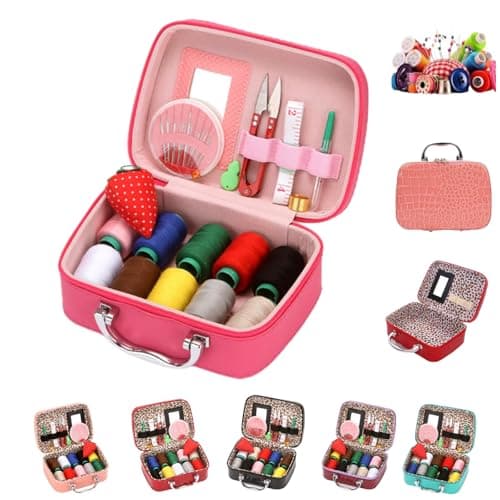 Wondolla Sewing Kit,Portable Sewing Kit in Faux Leather Case,Portable DIY Hand Made Craft Set,Big Eye Stainless Steel Needles Hand Sewing Kit for Handicraft Lovers (Rose)