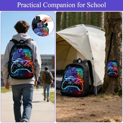 Nhemeylp 3PCS Gaming School Bag Set, Waterproof Backpack with Crossbody Bag & Pencil Case, Durable Boys Backpack for Kids Teens School Travel Camping Daily Use Gift — view 5