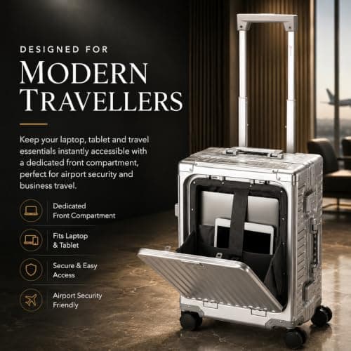Aerolite Premium Aluminium Cabin Suitcase – Zipperless TSA Locks, USB Charging Port, Front Laptop Compartment & Fold-Up Bottle Holder – 55x38x23cm, 40L – Metal Hard Shell Carry On Hand Luggage Silver — view 3