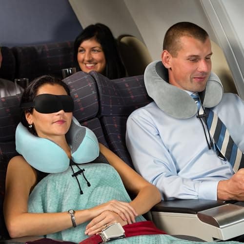 urnexttour Travel Pillow and Blanket Set Neck Pillows Soft Blankets with Sleep Mask Travel Essentials for Airplane Car Memory Foam Blue Green — view 6