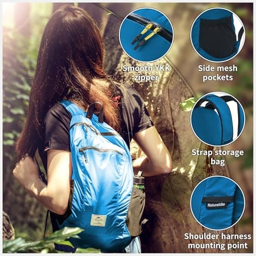 Naturehike 25L Packable Backpack - 230g Ultra Lightweight Foldable Daypack, PU2000mm Waterproof 30D Nylon Compact Hiking Rucksack for Travel, Cycling & Hiking(Blue) — view 6