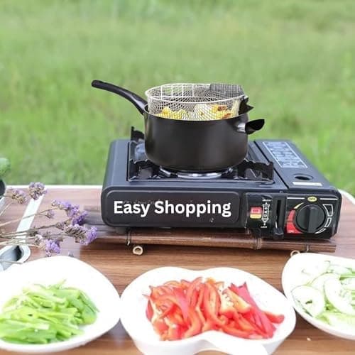 Camping 3 PIECE Cooking Set 8-Inch Nonstick Chip Pan with Lid & Basket and Portable Gas Stove with 4 Butane Canisters – Ideal for Deep Frying & Outdoor Indoor Cooking Camping Picnic Party BBQ. — view 5