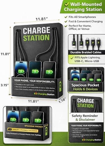 Commercial Wall Mounted Cell Phone Charging Station with 6 Charging Cables — view 2